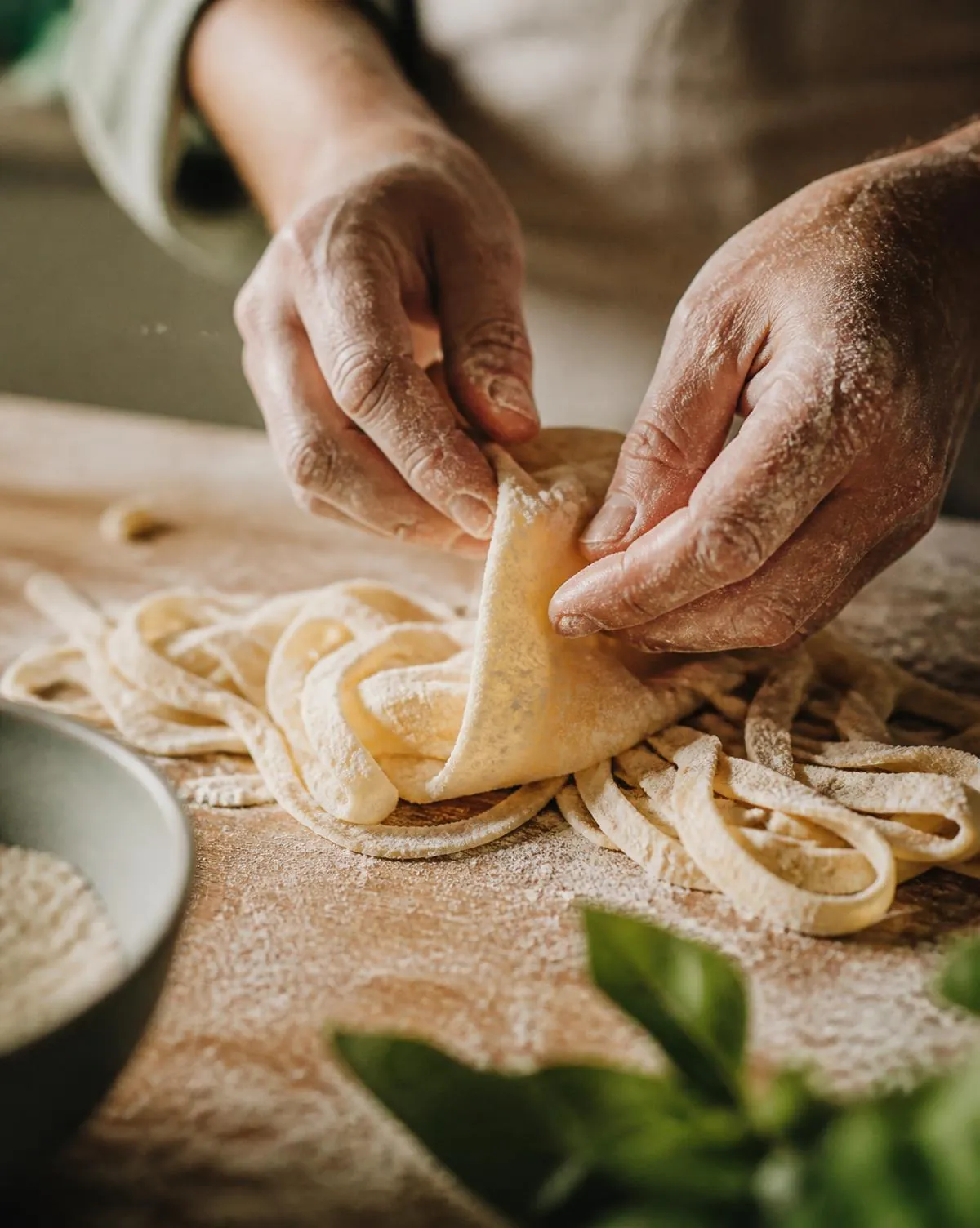 Préparation à la main de tagliatelle fraîches
